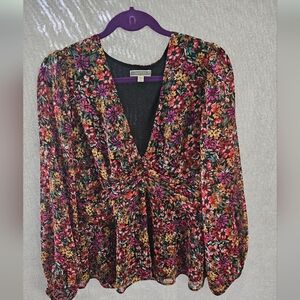Pleione Black and Pink Ruffled Tie Front Blouse